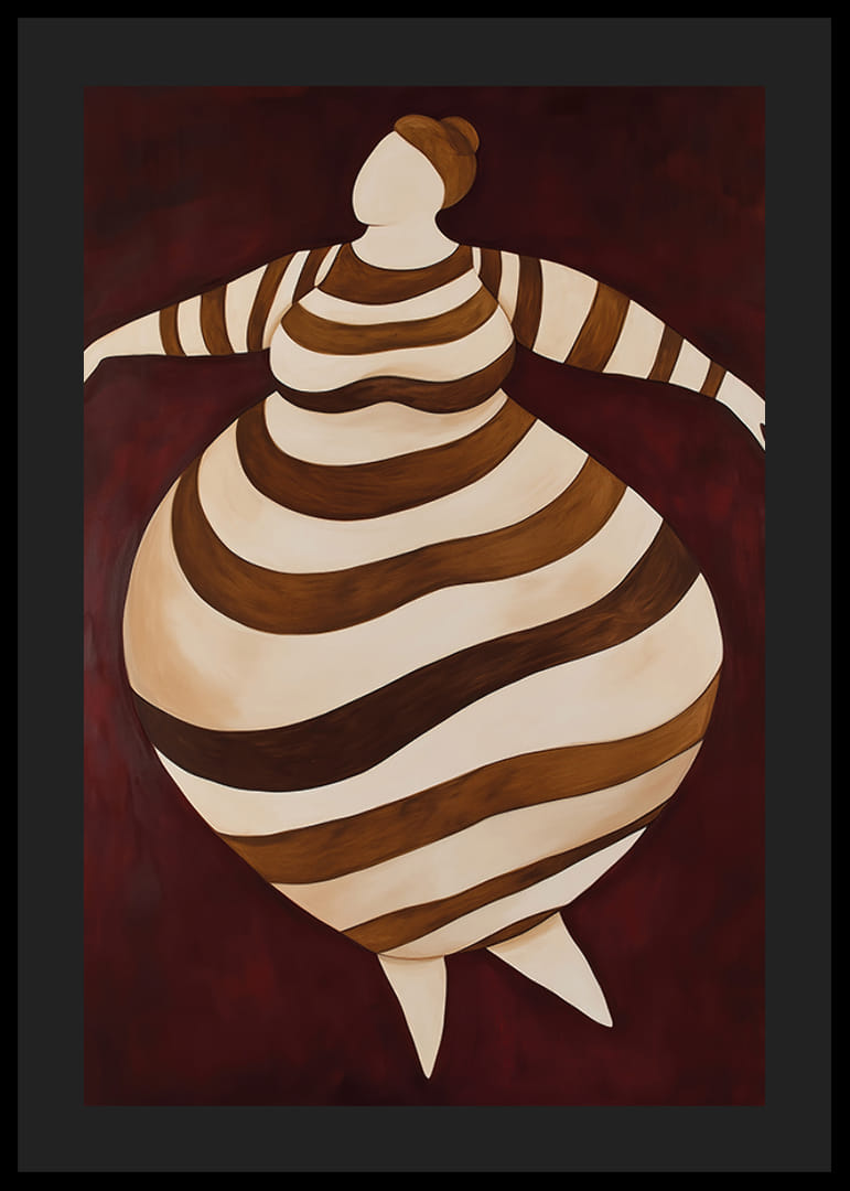 Abstraktný plagát s pruhovanou postavou v pohybe na tmavočervenom pozadí-12