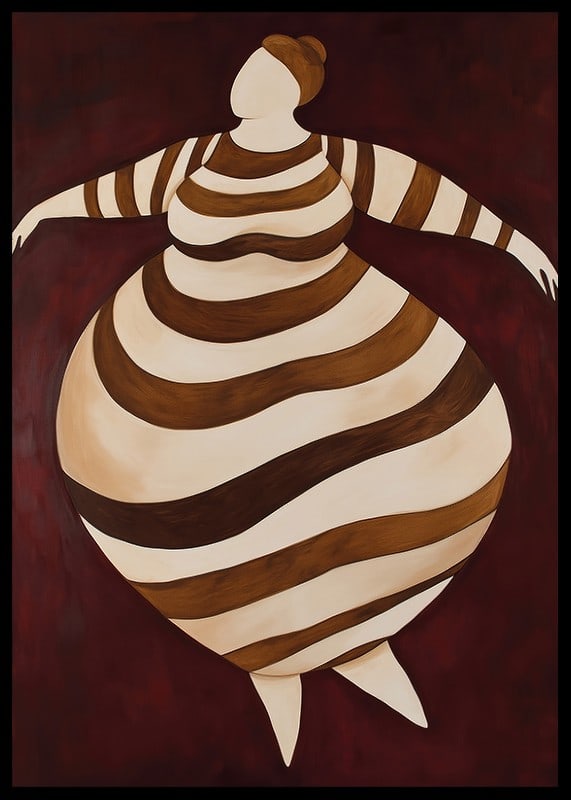 An abstract poster with a striped figure in motion against a dark red background-12