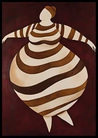 En abstrakt poster med en randig figur i rörelse mot en mörkröd bakgrund-6