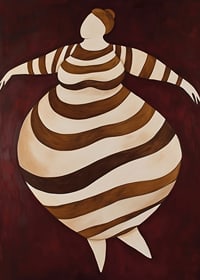 An abstract poster with a striped figure in motion against a dark red background-7
