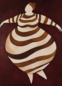 En abstrakt poster med en randig figur i rörelse mot en mörkröd bakgrund-7