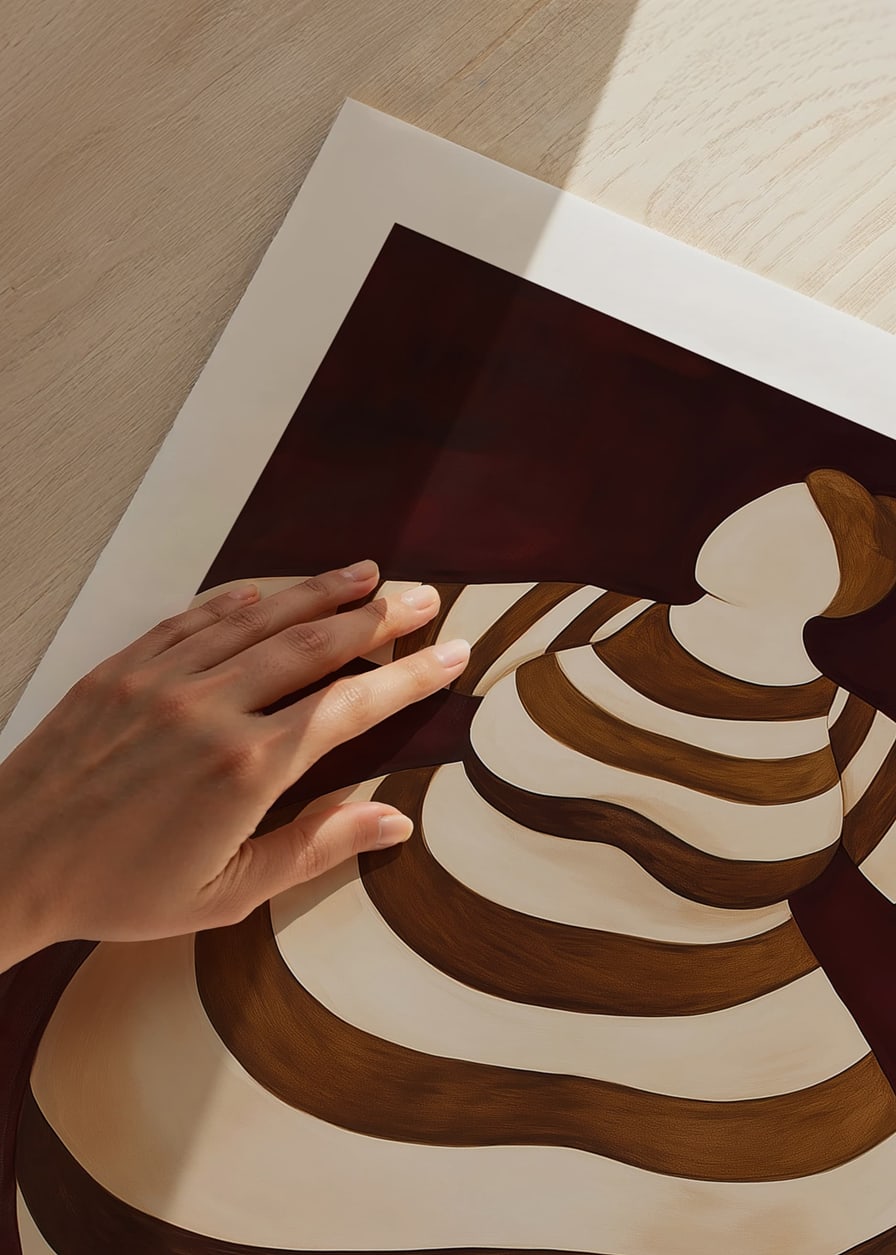 An abstract poster with a striped figure in motion against a dark red background-12