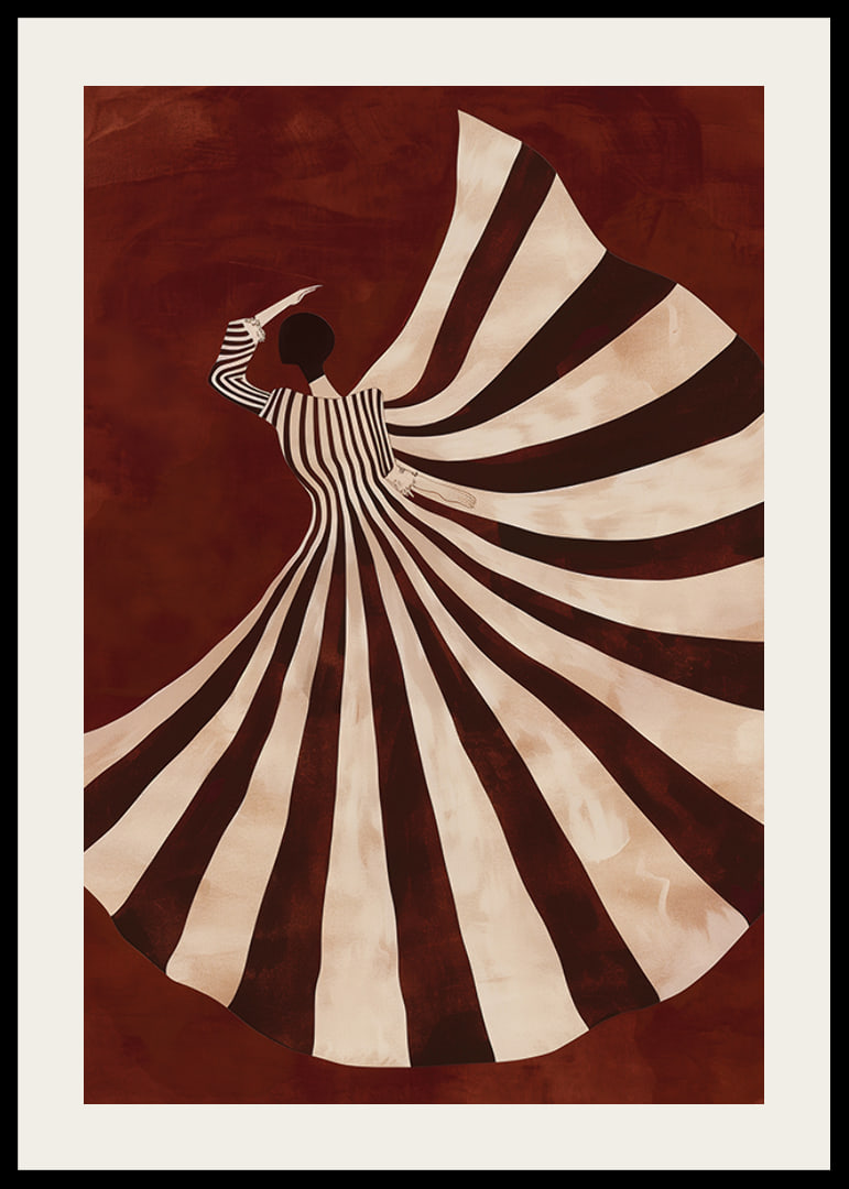 A poster with a stylized figure in a flowing black and white dress against a deep red background-12