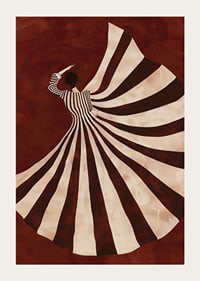 A poster with a stylized figure in a flowing black and white dress against a deep red background-3