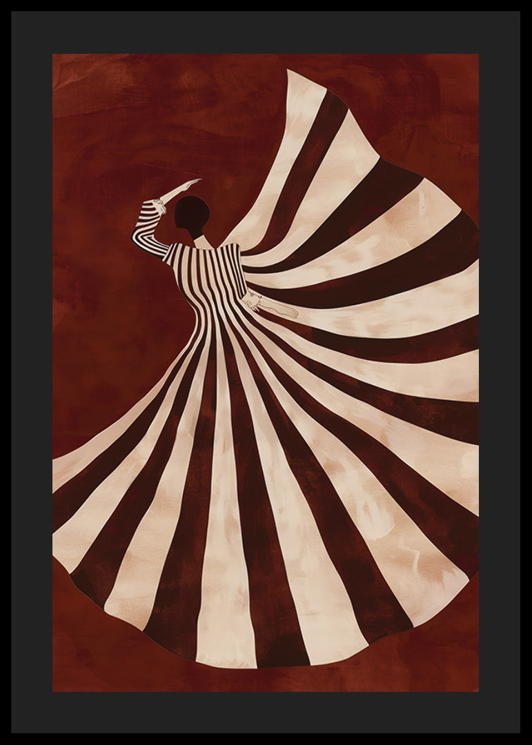 A poster with a stylized figure in a flowing black and white dress against a deep red background-12
