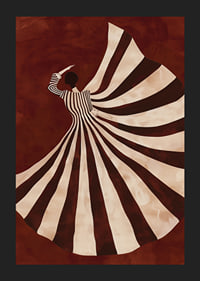 A poster with a stylized figure in a flowing black and white dress against a deep red background-5