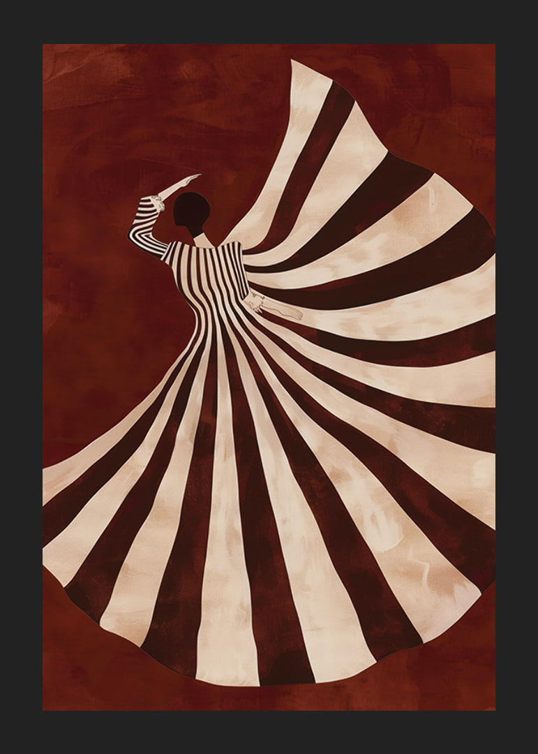 A poster with a stylized figure in a flowing black and white dress against a deep red background-12