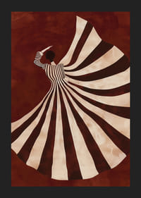 Een poster met een gestileerde figuur in een vloeiende zwart-witte jurk tegen een dieprode achtergrond-5