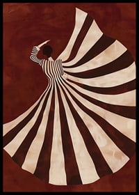 A poster with a stylized figure in a flowing black and white dress against a deep red background-6