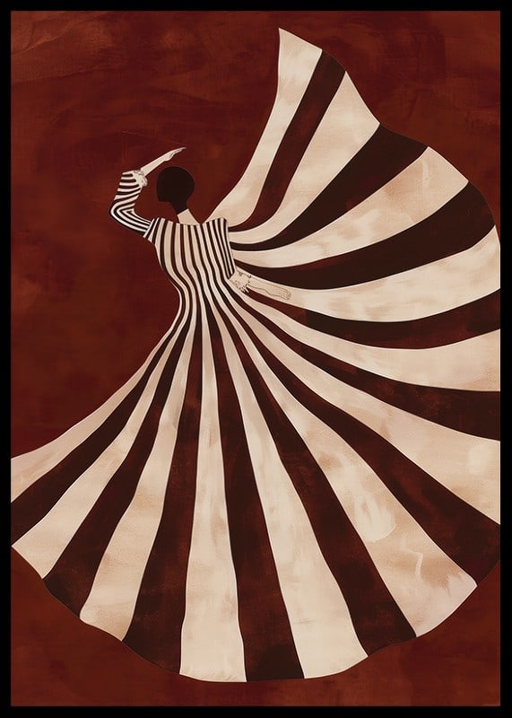 A poster with a stylized figure in a flowing black and white dress against a deep red background-12