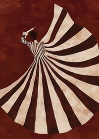 A poster with a stylized figure in a flowing black and white dress against a deep red background-7