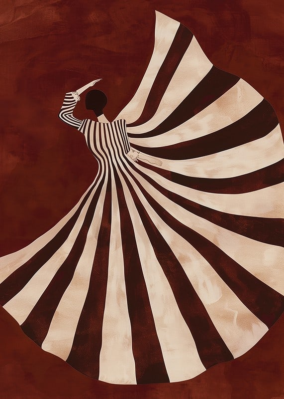 A poster with a stylized figure in a flowing black and white dress against a deep red background-12