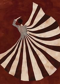A poster with a stylized figure in a flowing black and white dress against a deep red background-3