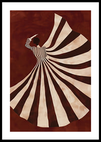 A poster with a stylized figure in a flowing black and white dress against a deep red background-0