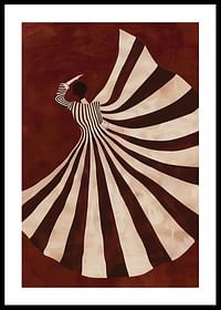 A poster with a stylized figure in a flowing black and white dress against a deep red background-0