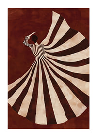 A poster with a stylized figure in a flowing black and white dress against a deep red background-1