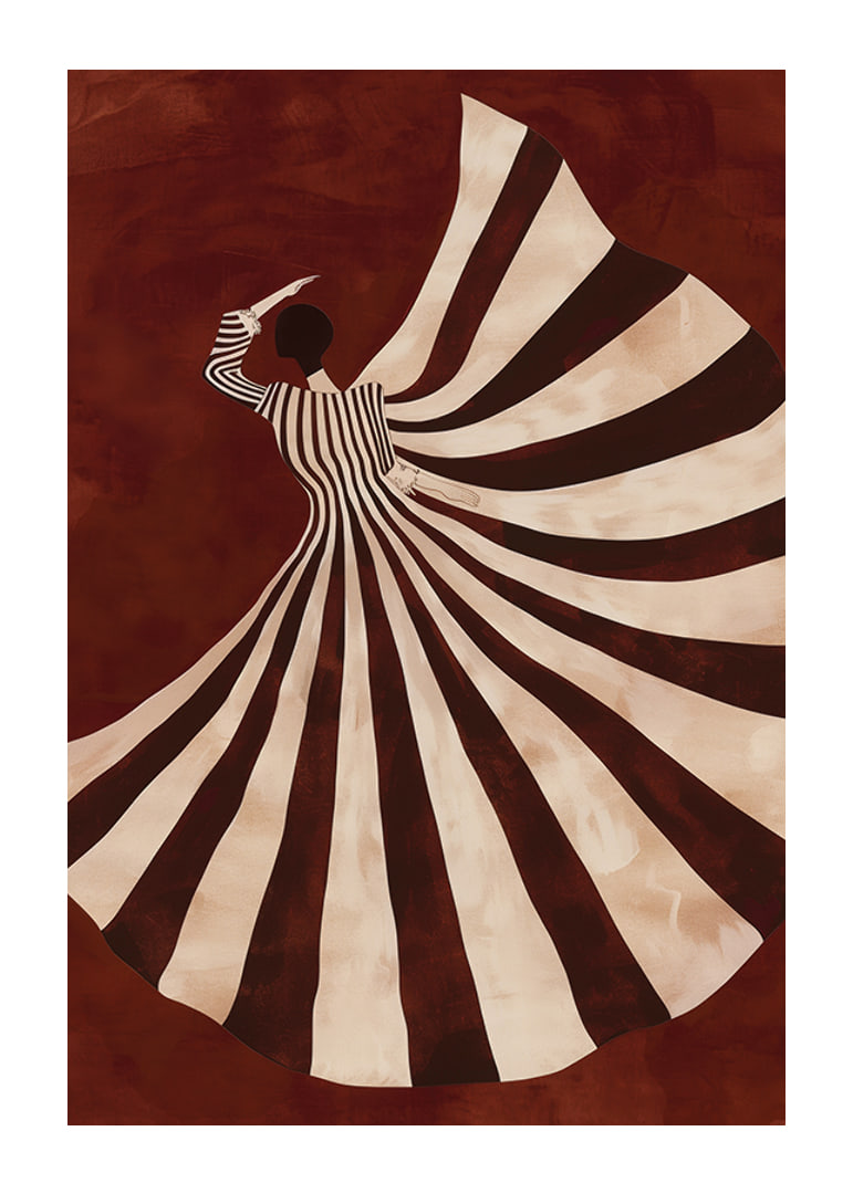 A poster with a stylized figure in a flowing black and white dress against a deep red background-12