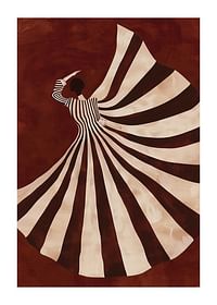 A poster with a stylized figure in a flowing black and white dress against a deep red background-1