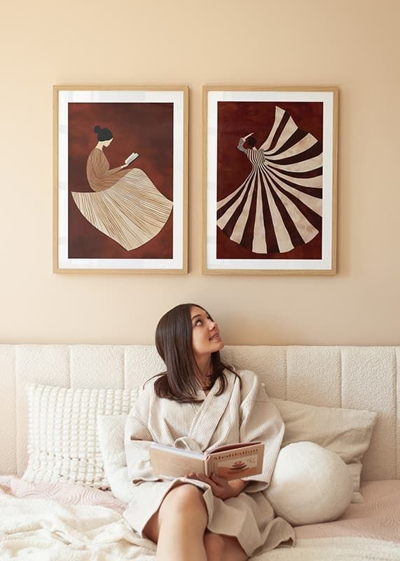A poster with a stylized figure in a flowing black and white dress against a deep red background-12