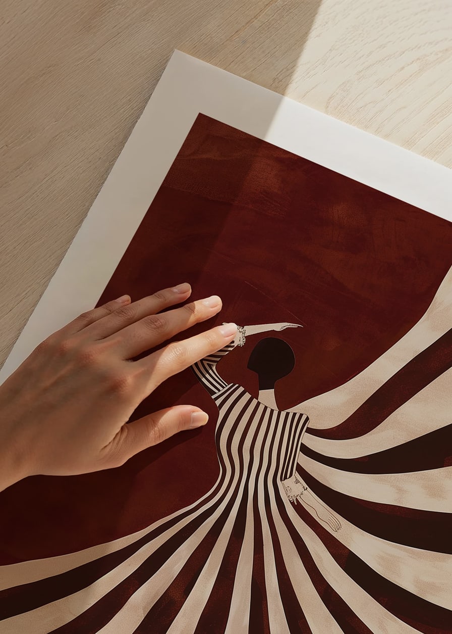 A poster with a stylized figure in a flowing black and white dress against a deep red background-12