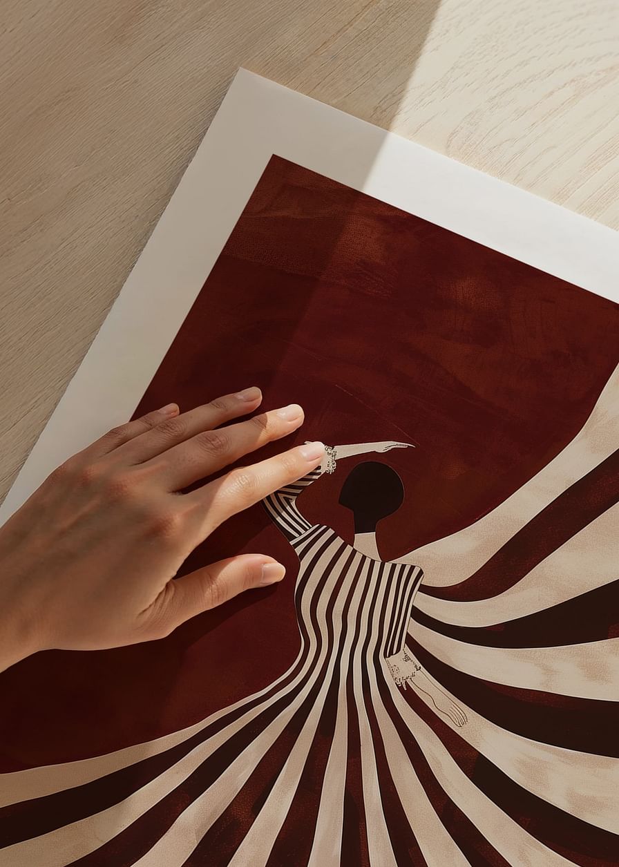 A poster with a stylized figure in a flowing black and white dress against a deep red background-12