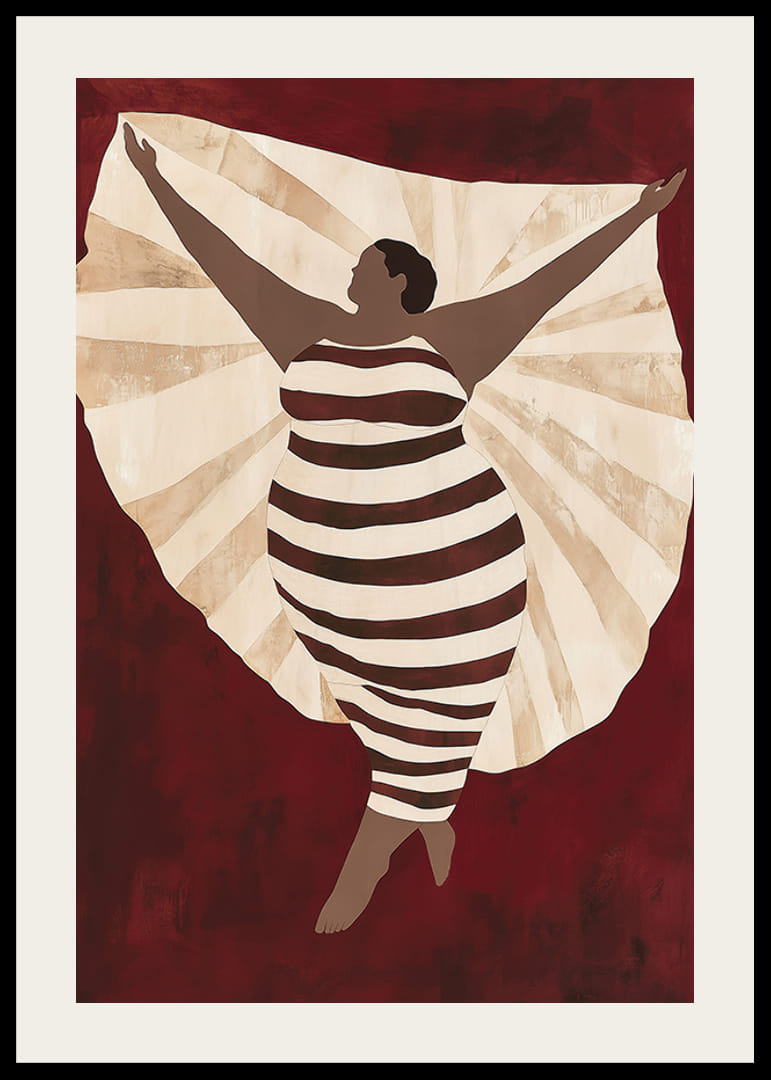 Plagát zobrazujúci sebavedomú postavu v pruhovaných šatách na tmavočervenom pozadí-12