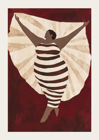 Plagát zobrazujúci sebavedomú postavu v pruhovaných šatách na tmavočervenom pozadí-3