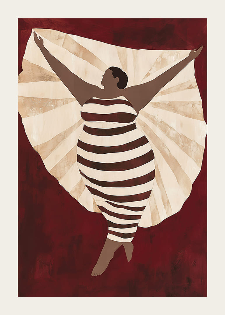 Plagát zobrazujúci sebavedomú postavu v pruhovaných šatách na tmavočervenom pozadí-12