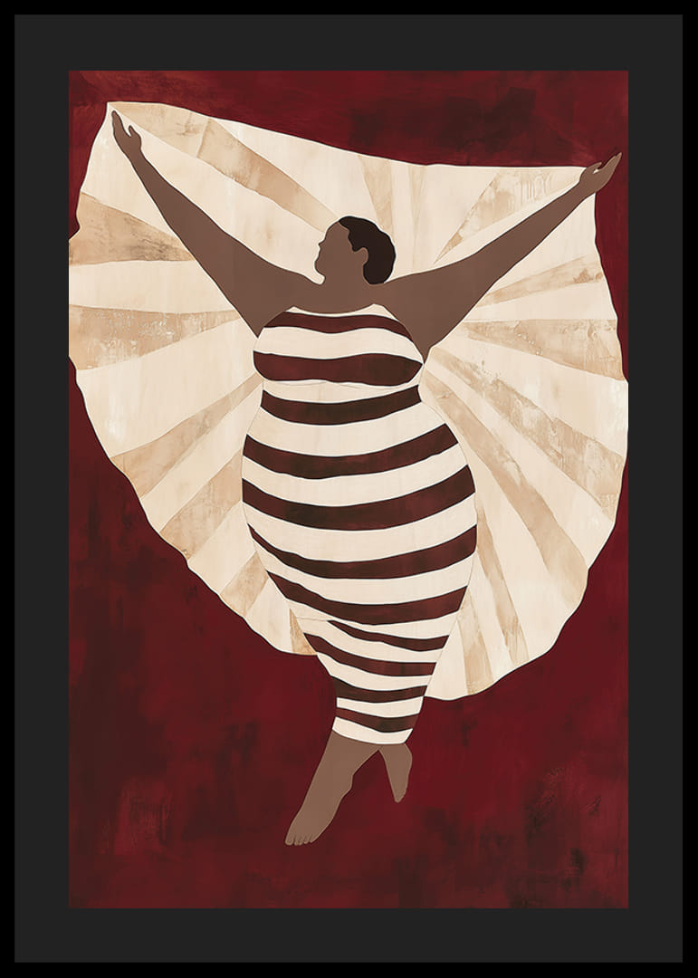 Plagát zobrazujúci sebavedomú postavu v pruhovaných šatách na tmavočervenom pozadí-12