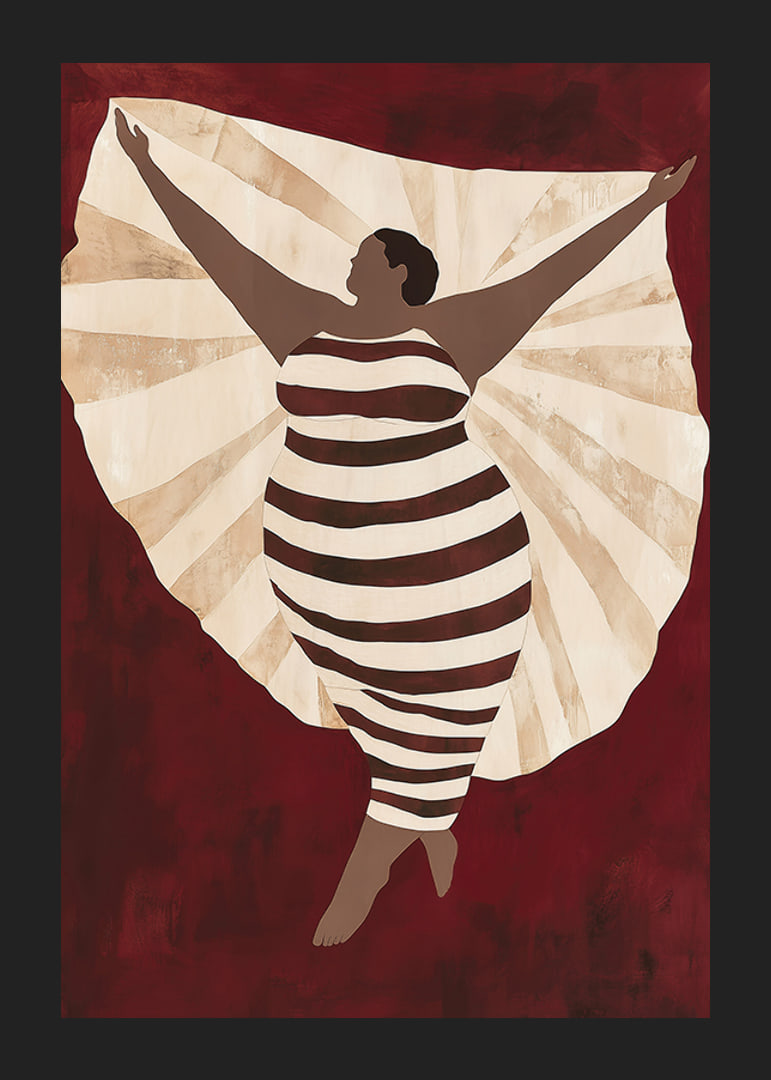 A poster depicting a confident figure in a striped dress against a deep red background-12
