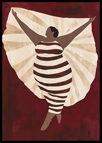 A poster depicting a confident figure in a striped dress against a deep red background-6