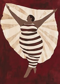 A poster depicting a confident figure in a striped dress against a deep red background-7