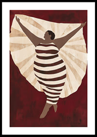 A poster depicting a confident figure in a striped dress against a deep red background-0