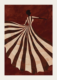 A poster depicting a stylized figure in a flowing striped dress against a deep red background-3