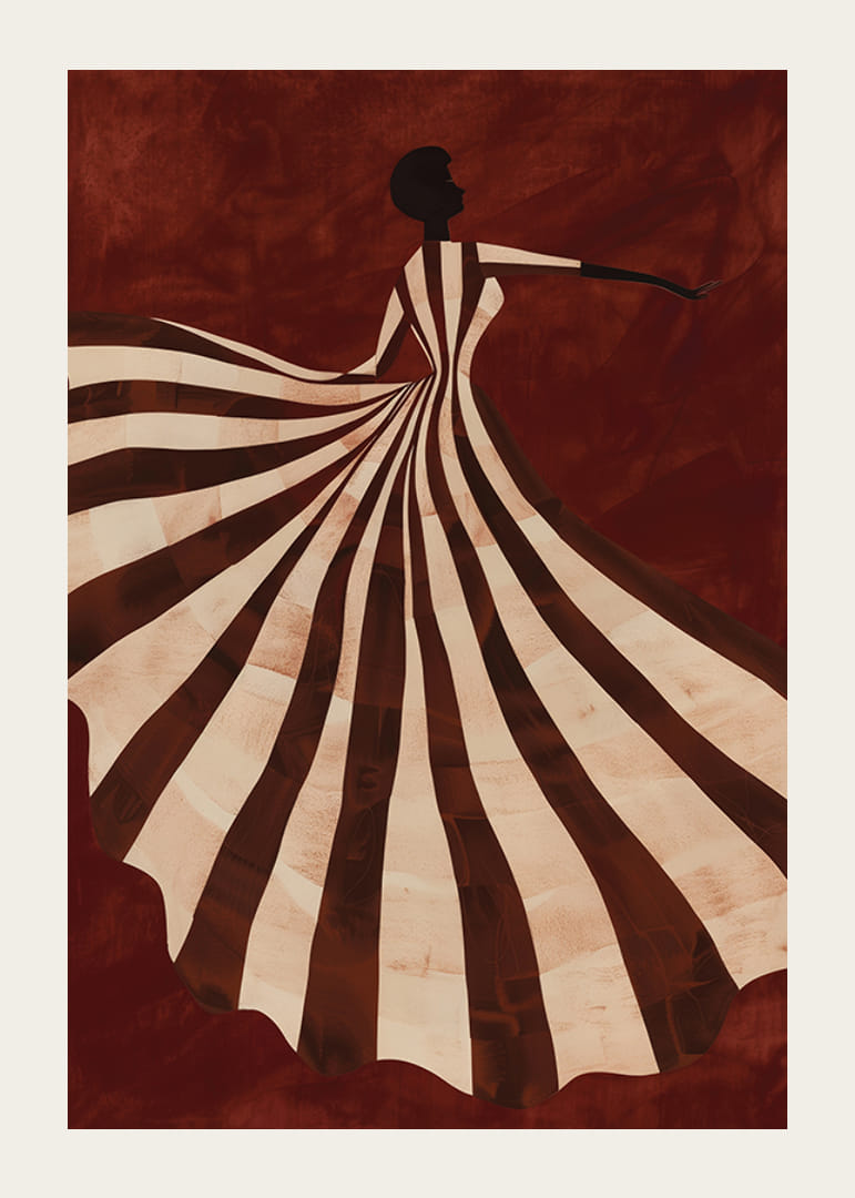 En plakat som viser en stilisert figur i en flytende stripete kjole mot en dyp rød bakgrunn-12