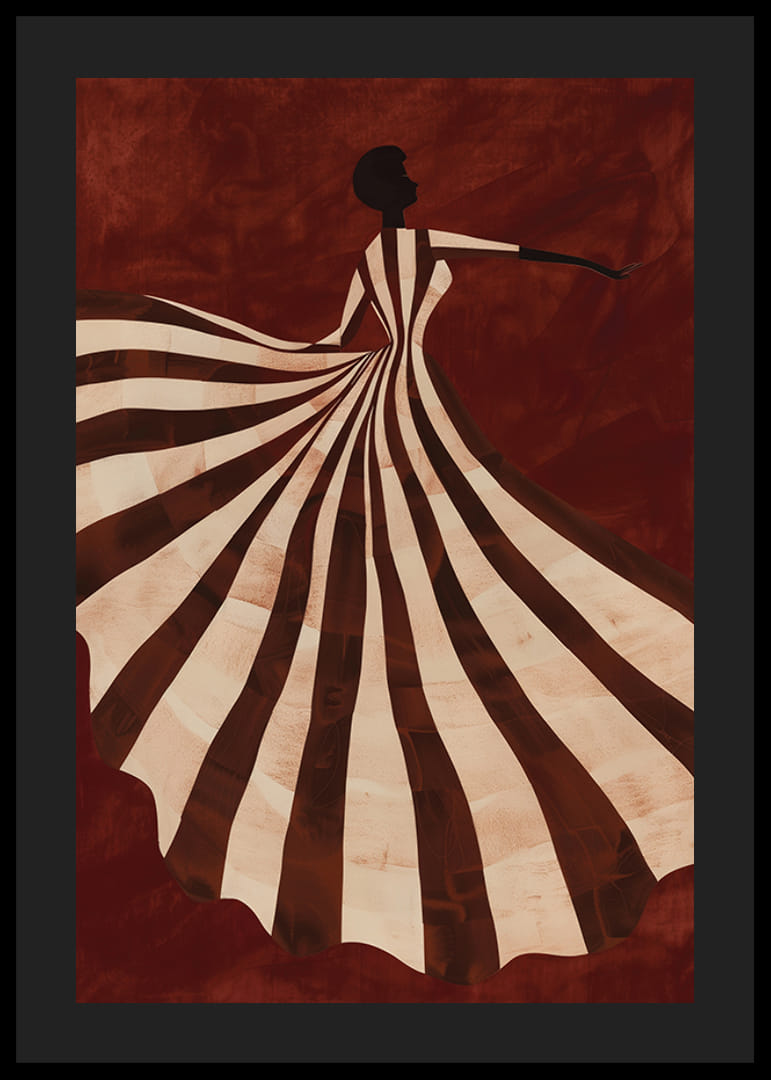 En plakat som viser en stilisert figur i en flytende stripete kjole mot en dyp rød bakgrunn-12