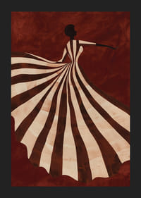 En plakat som viser en stilisert figur i en flytende stripete kjole mot en dyp rød bakgrunn-5