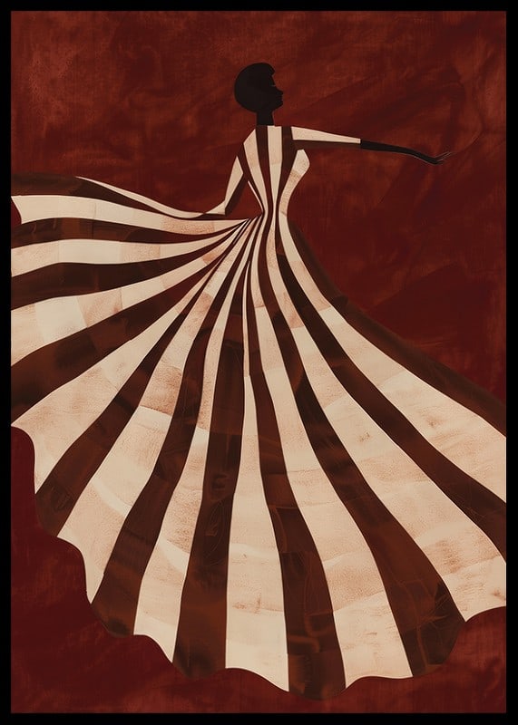 A poster depicting a stylized figure in a flowing striped dress against a deep red background-12