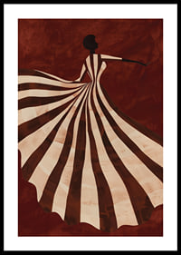 A poster depicting a stylized figure in a flowing striped dress against a deep red background-0