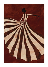 A poster depicting a stylized figure in a flowing striped dress against a deep red background-1