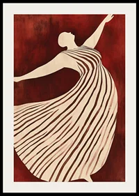 A poster depicting a figure in motion wearing a flowing striped dress against a deep red background-2