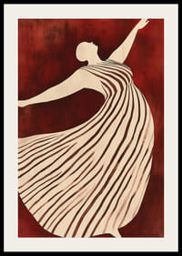 Plagát zobrazujúci postavu v pohybe vo splývavých pruhovaných šatách na tmavočervenom pozadí-2