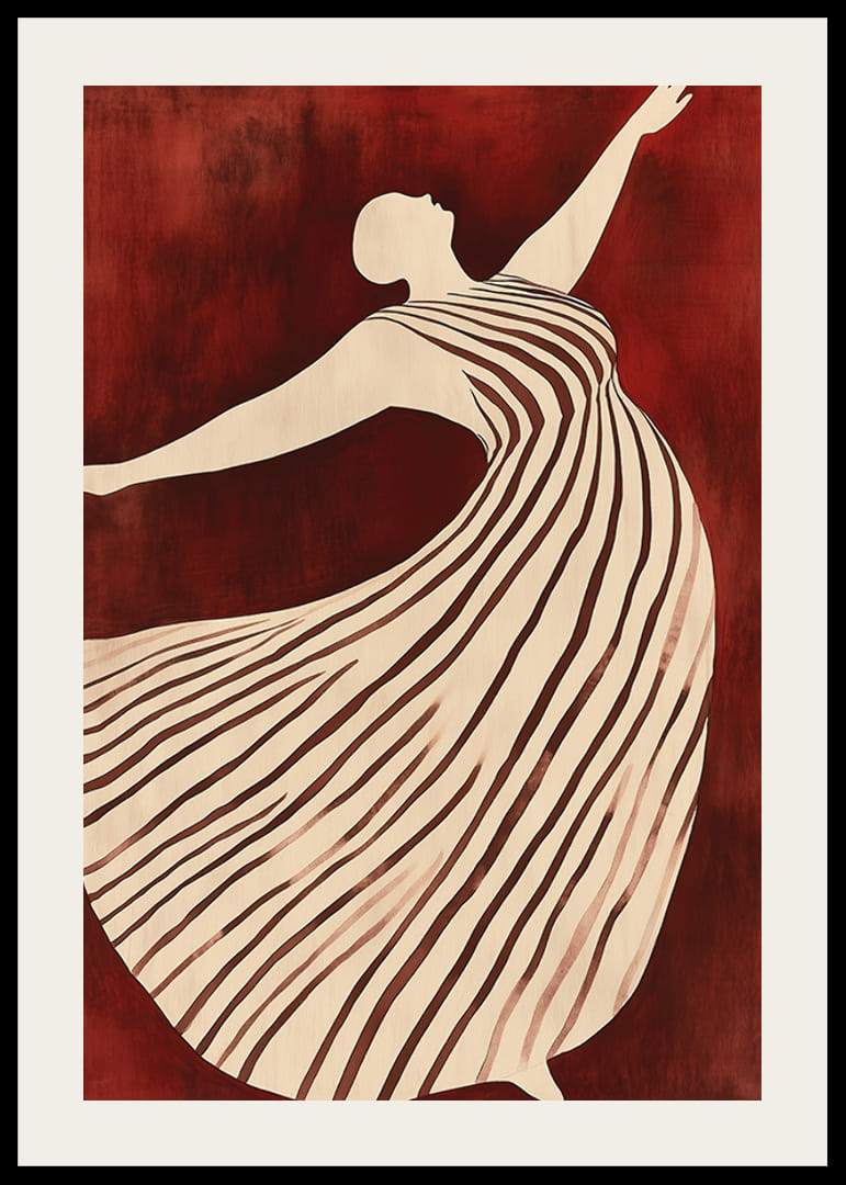 Plagát zobrazujúci postavu v pohybe vo splývavých pruhovaných šatách na tmavočervenom pozadí-12