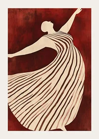 A poster depicting a figure in motion wearing a flowing striped dress against a deep red background-3