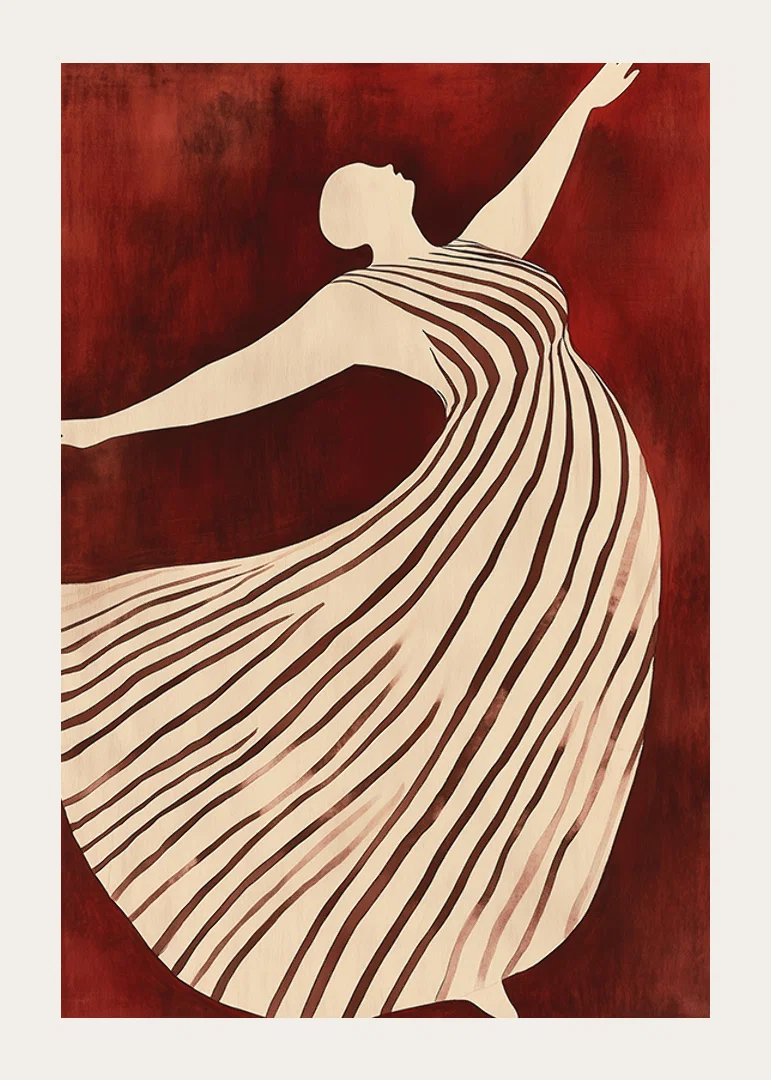 A poster depicting a figure in motion wearing a flowing striped dress against a deep red background-12