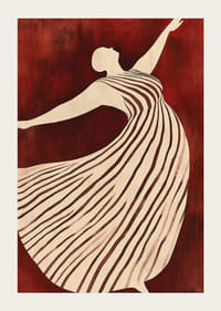 Plagát zobrazujúci postavu v pohybe vo splývavých pruhovaných šatách na tmavočervenom pozadí-3