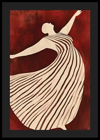 A poster depicting a figure in motion wearing a flowing striped dress against a deep red background-4