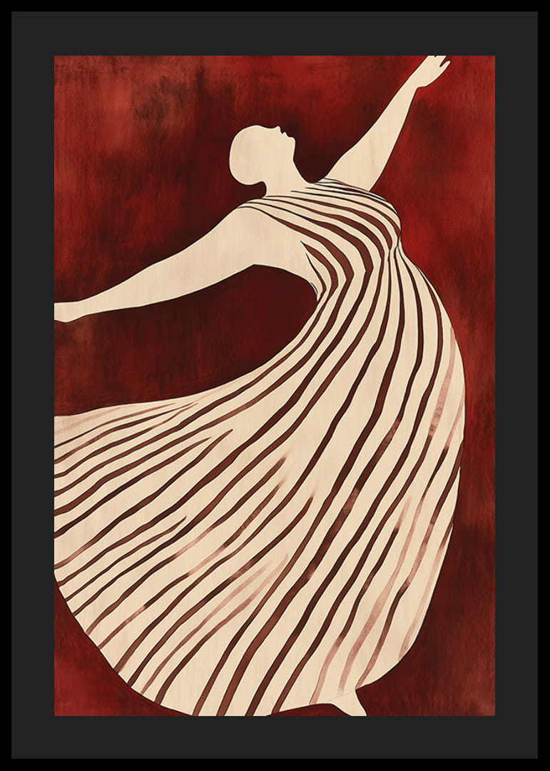 Plagát zobrazujúci postavu v pohybe vo splývavých pruhovaných šatách na tmavočervenom pozadí-12