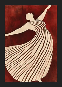 A poster depicting a figure in motion wearing a flowing striped dress against a deep red background-5