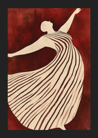 Plagát zobrazujúci postavu v pohybe vo splývavých pruhovaných šatách na tmavočervenom pozadí-5